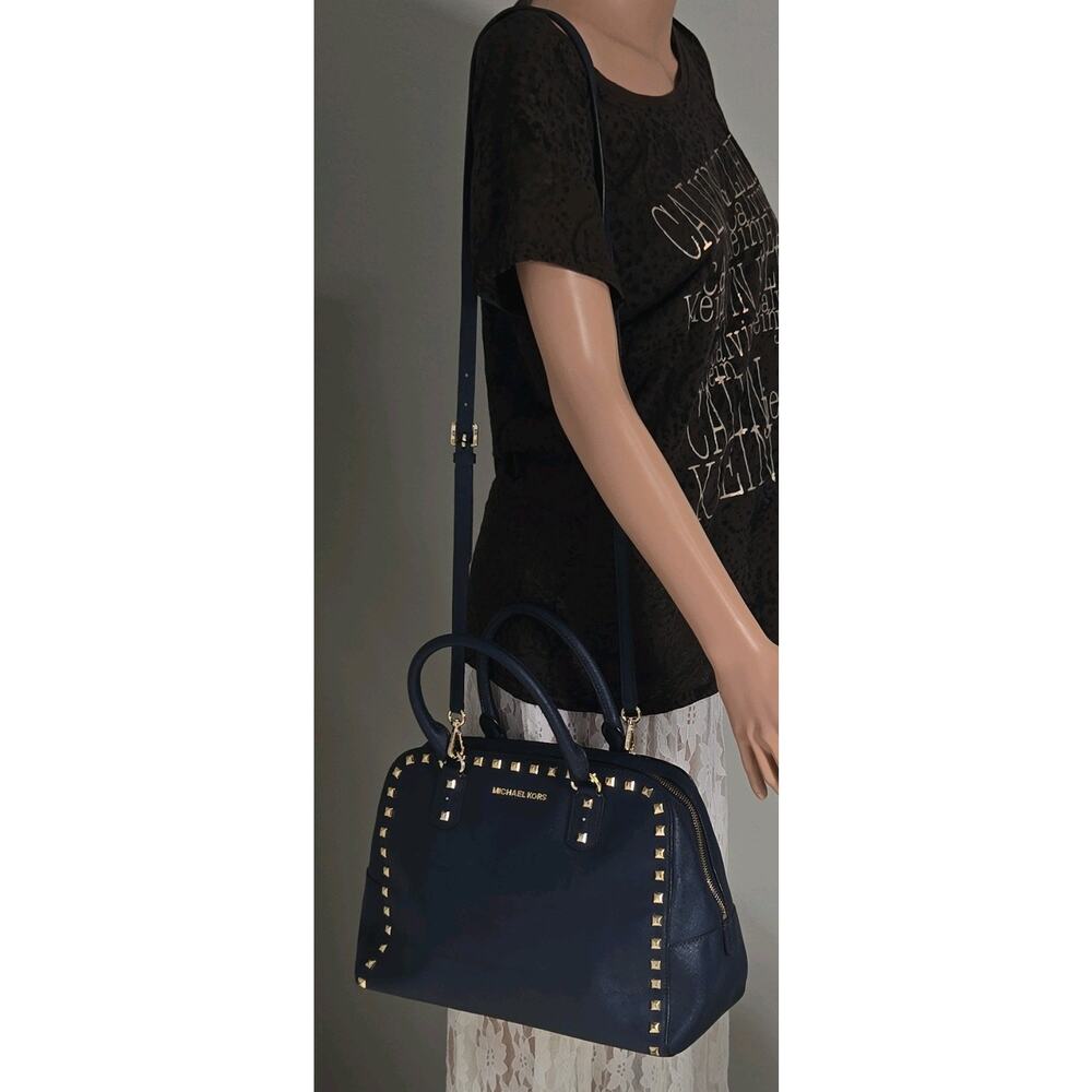 Michael Kors Navy Saffiano Leather Studded Satchel Bag Top Zip Large - Picture 2 of 14